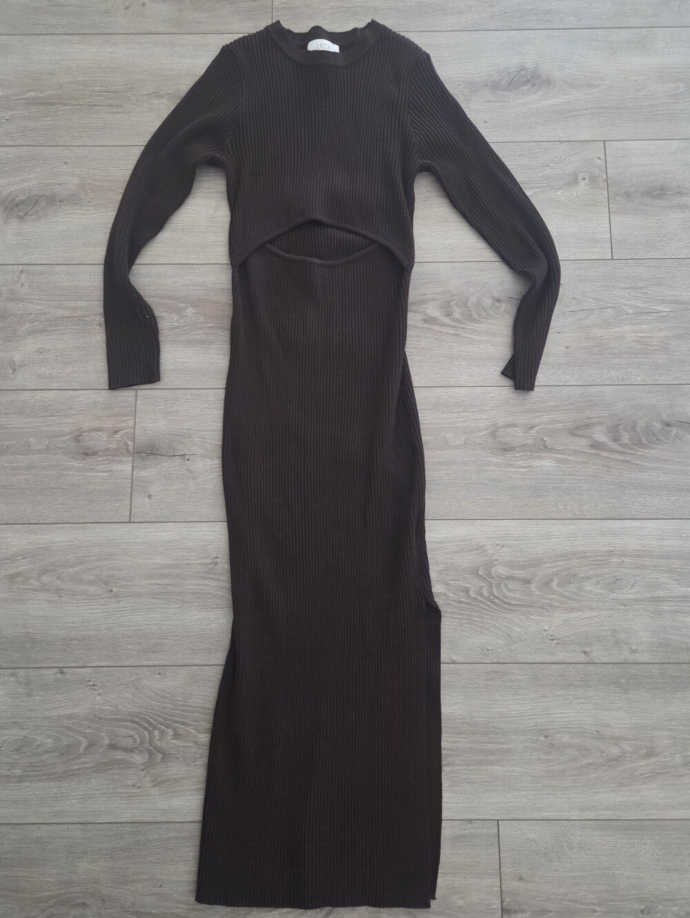 Ribbed Long Sleeve Cutout Maxi Dress in Dark Brown